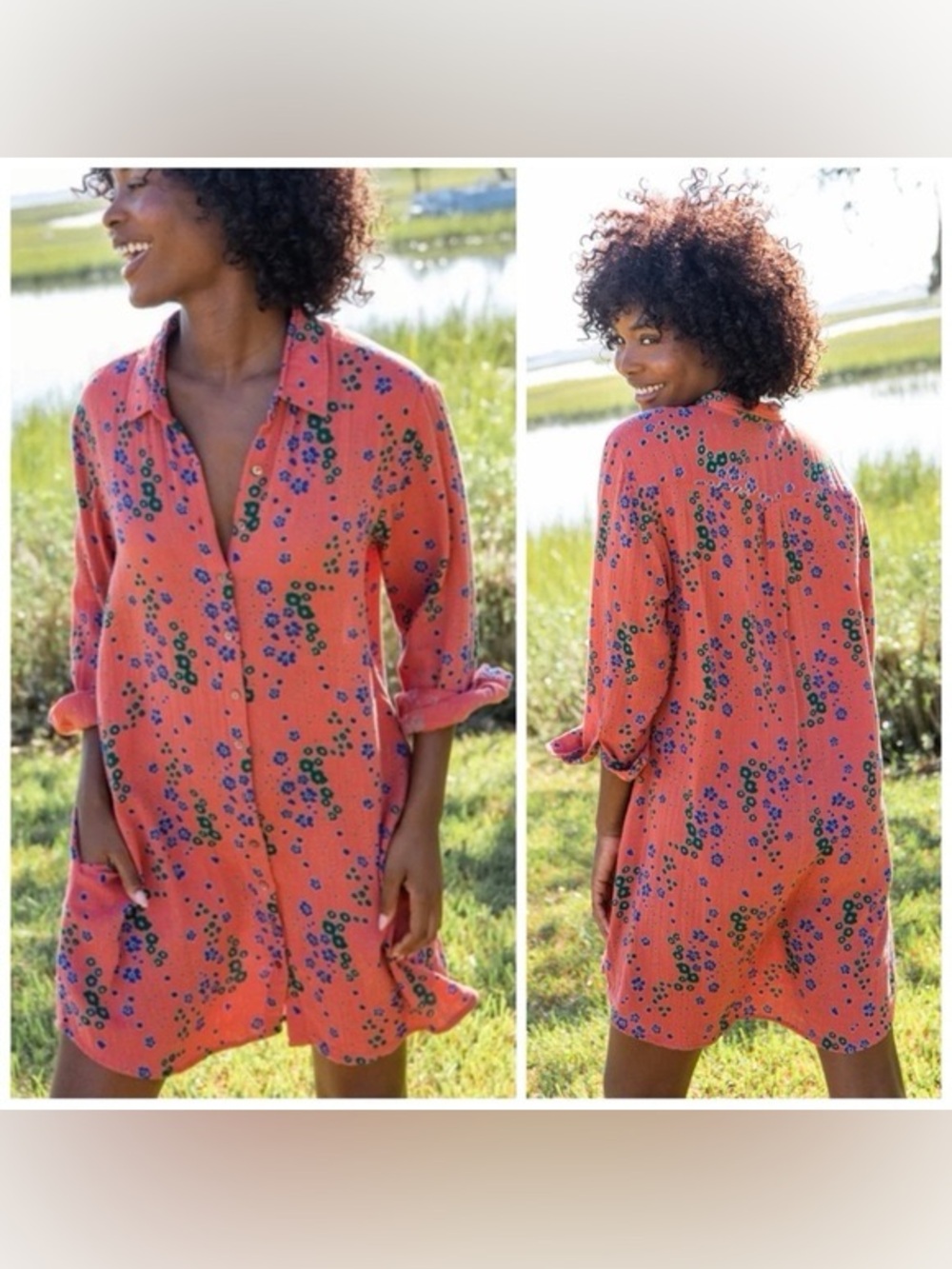 NATURAL LIFE Georgia Coral Floral Button-Down Shirt Dress 100% cotton size large